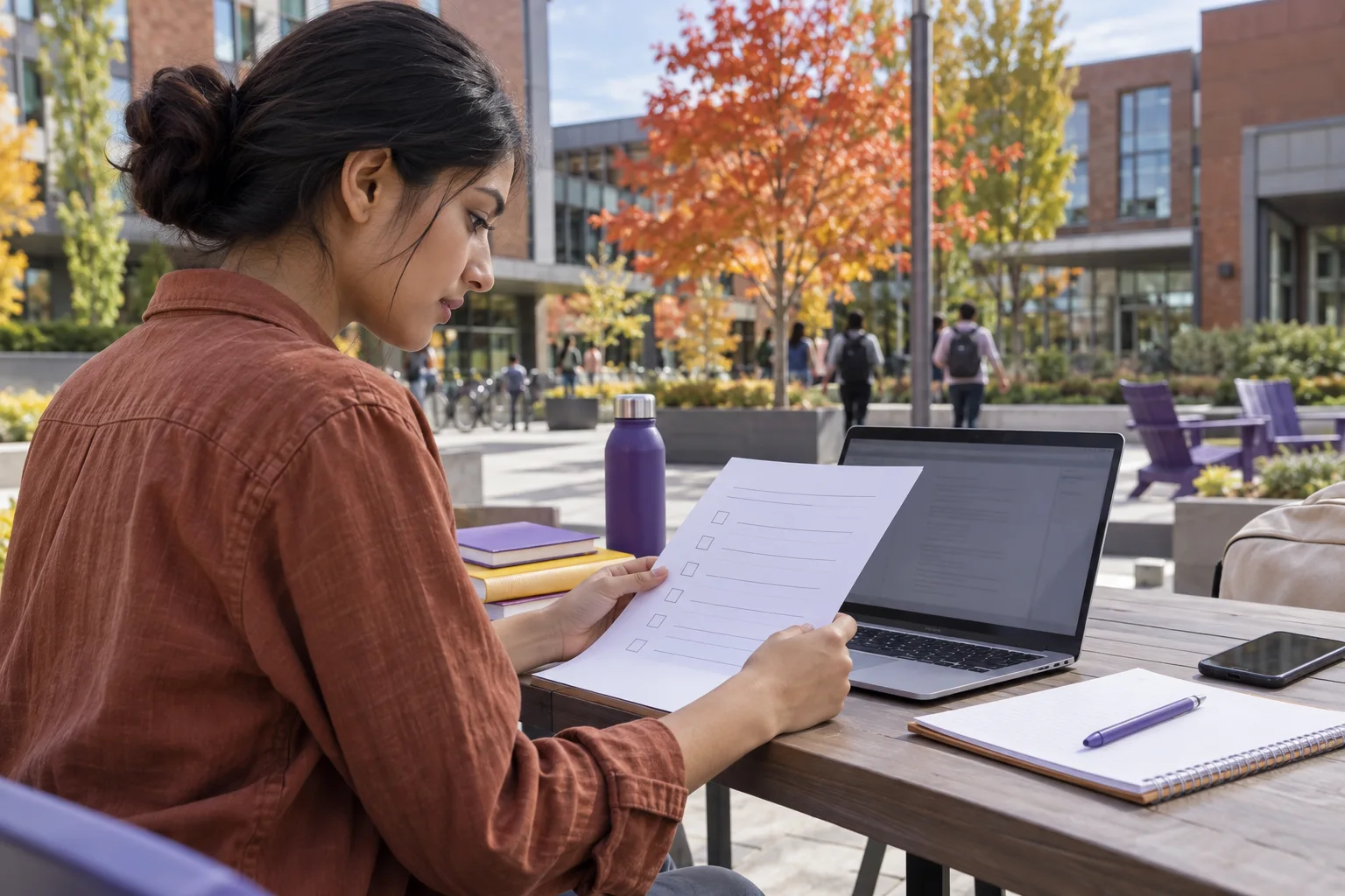 Young Nepali woman with tied-back hair reviewing an unbranded study application document checklist with a laptop for Canada study planning