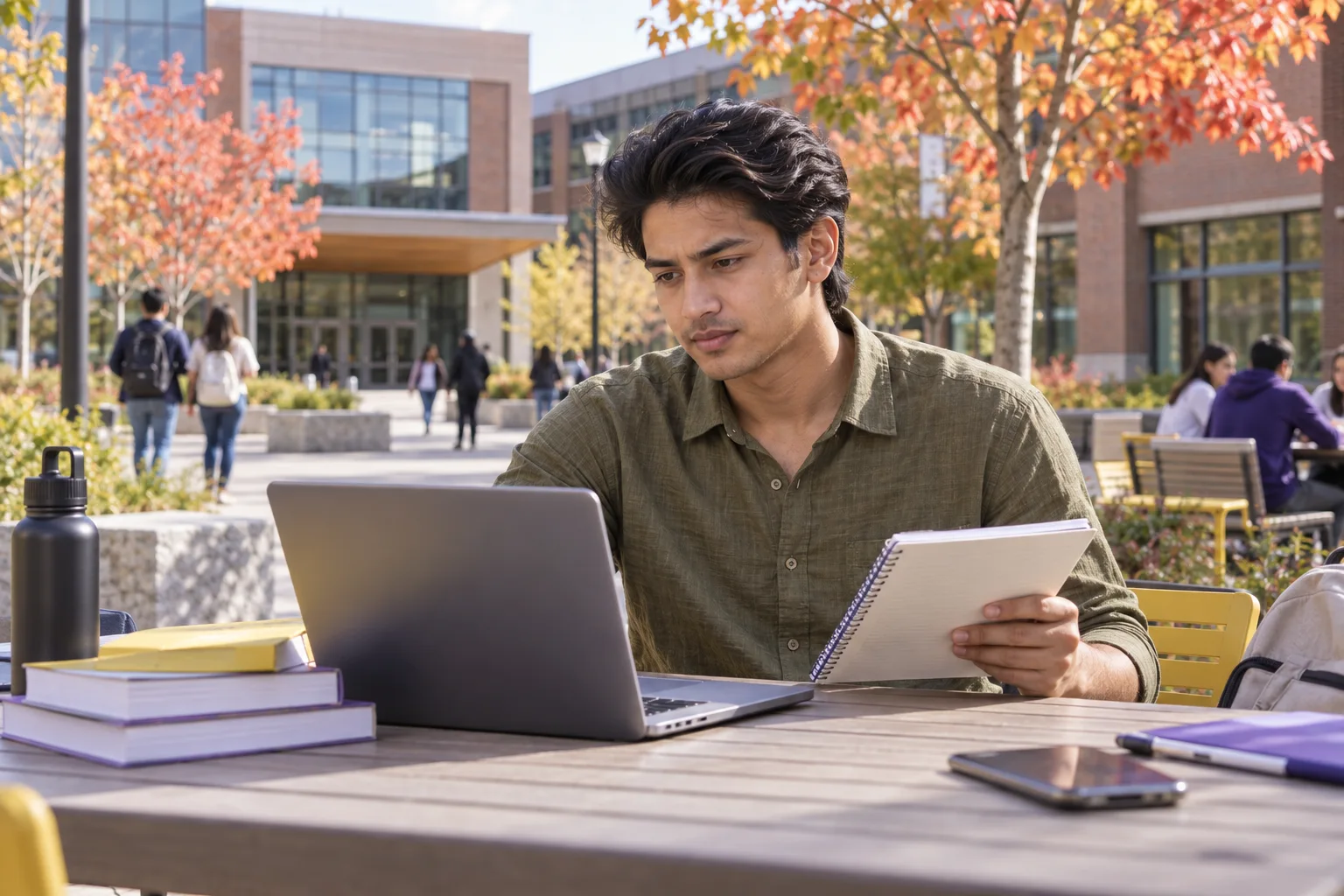 Young Nepali man with swept-back hair comparing Canadian university courses and intake options using a laptop and notebook for Canada study planning