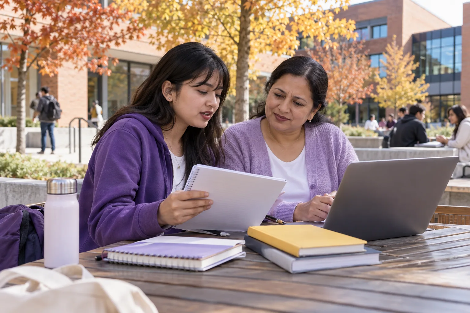 Nepali student discussing plans with a parent reviewing an unbranded study application document checklist with a laptop for Canada study planning