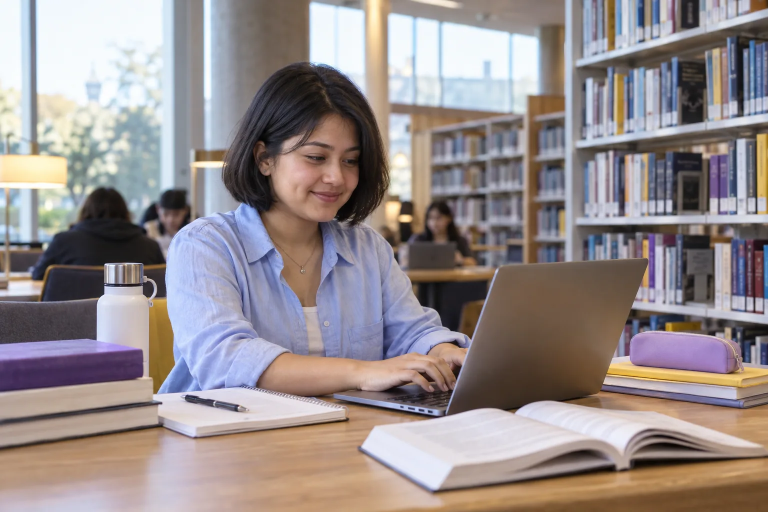 Young Nepali woman with a short bob comparing Canadian university courses and intake options using a laptop and notebook for Canada study planning