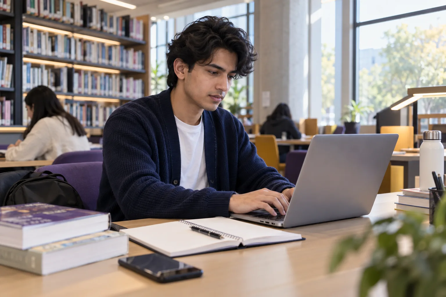 Young Nepali man with wavy hair comparing Canadian university courses and intake options using a laptop and notebook for Canada study planning
