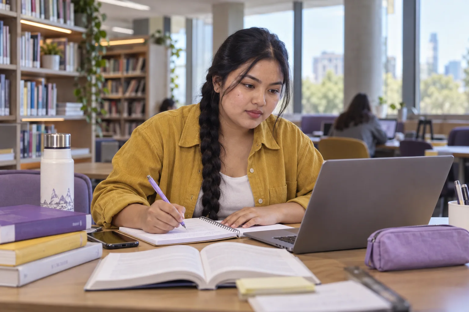 Young Nepali woman with a long braid comparing Canadian university courses and intake options using a laptop and notebook for Canada study planning