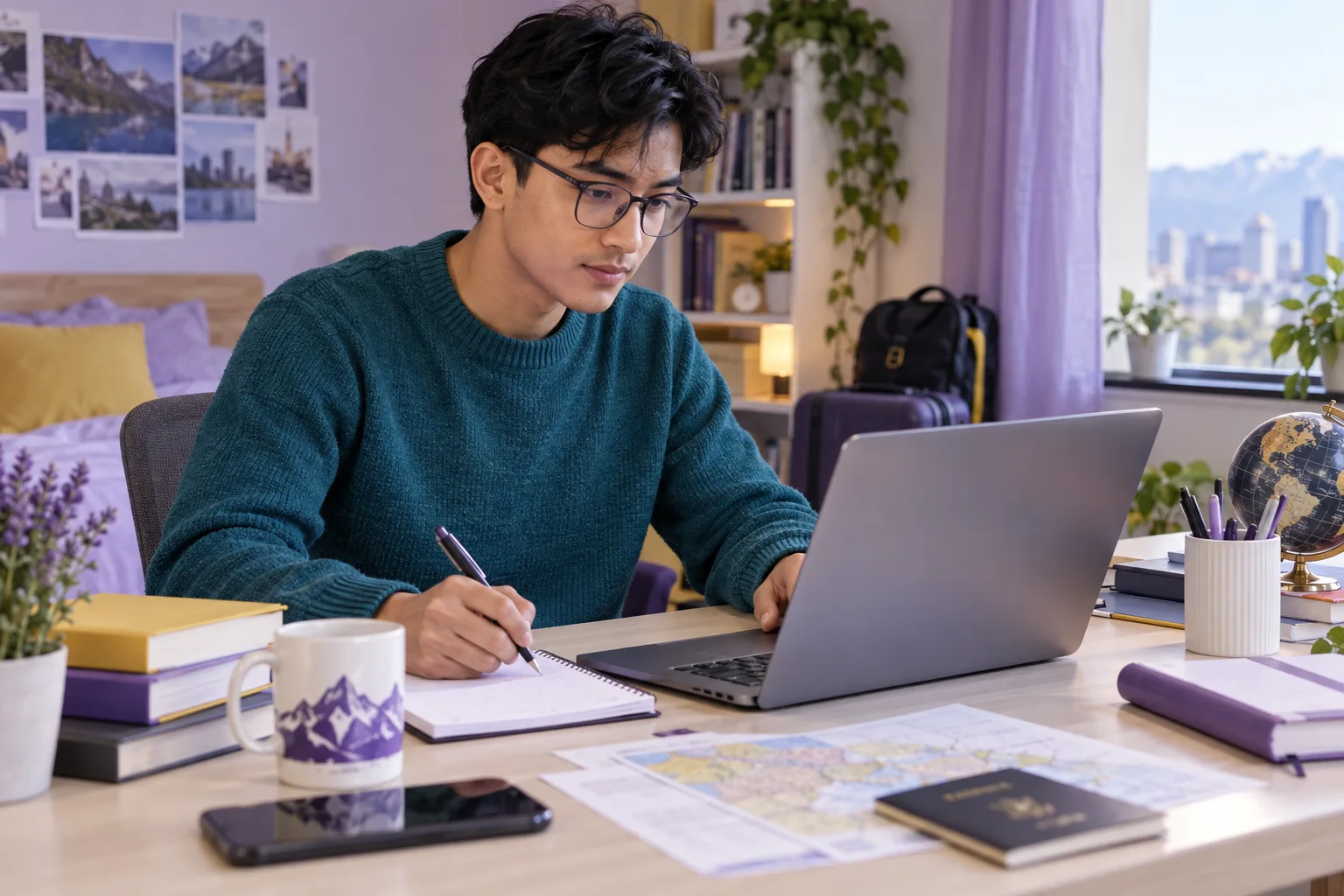 Young Nepali man with glasses comparing Canadian university courses and intake options using a laptop and notebook for Canada study planning