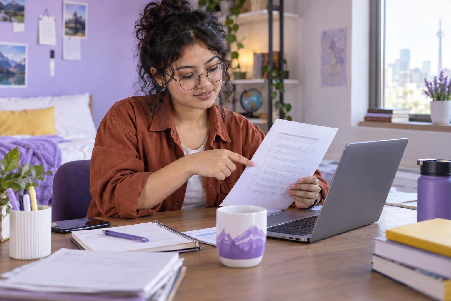 Young Nepali woman with curly hair reviewing an unbranded study application document checklist with a laptop for Canada study planning