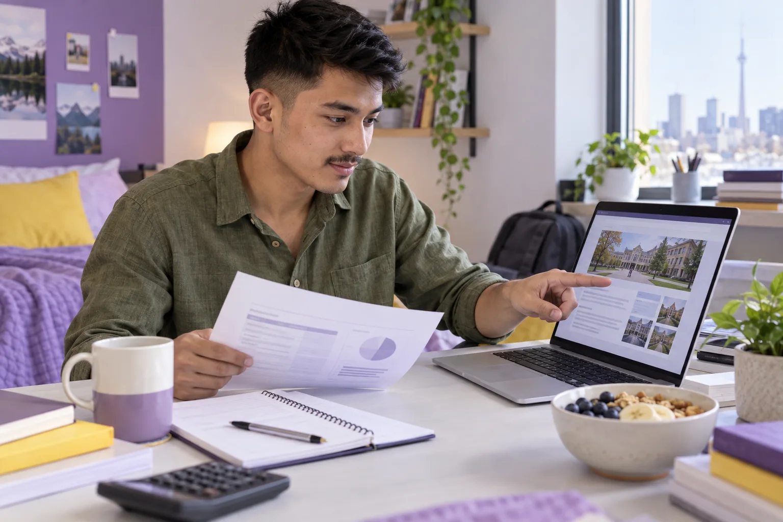 Young Nepali man with cropped hair comparing a personal study budget worksheet and university tuition information on a laptop for Canada study planning