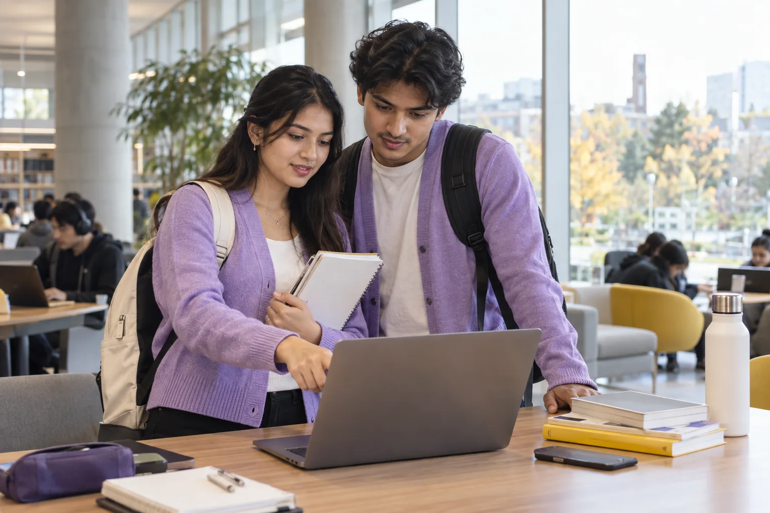 Two Nepali students, one woman and one man comparing Canadian university courses and intake options using a laptop and notebook for Canada study planning