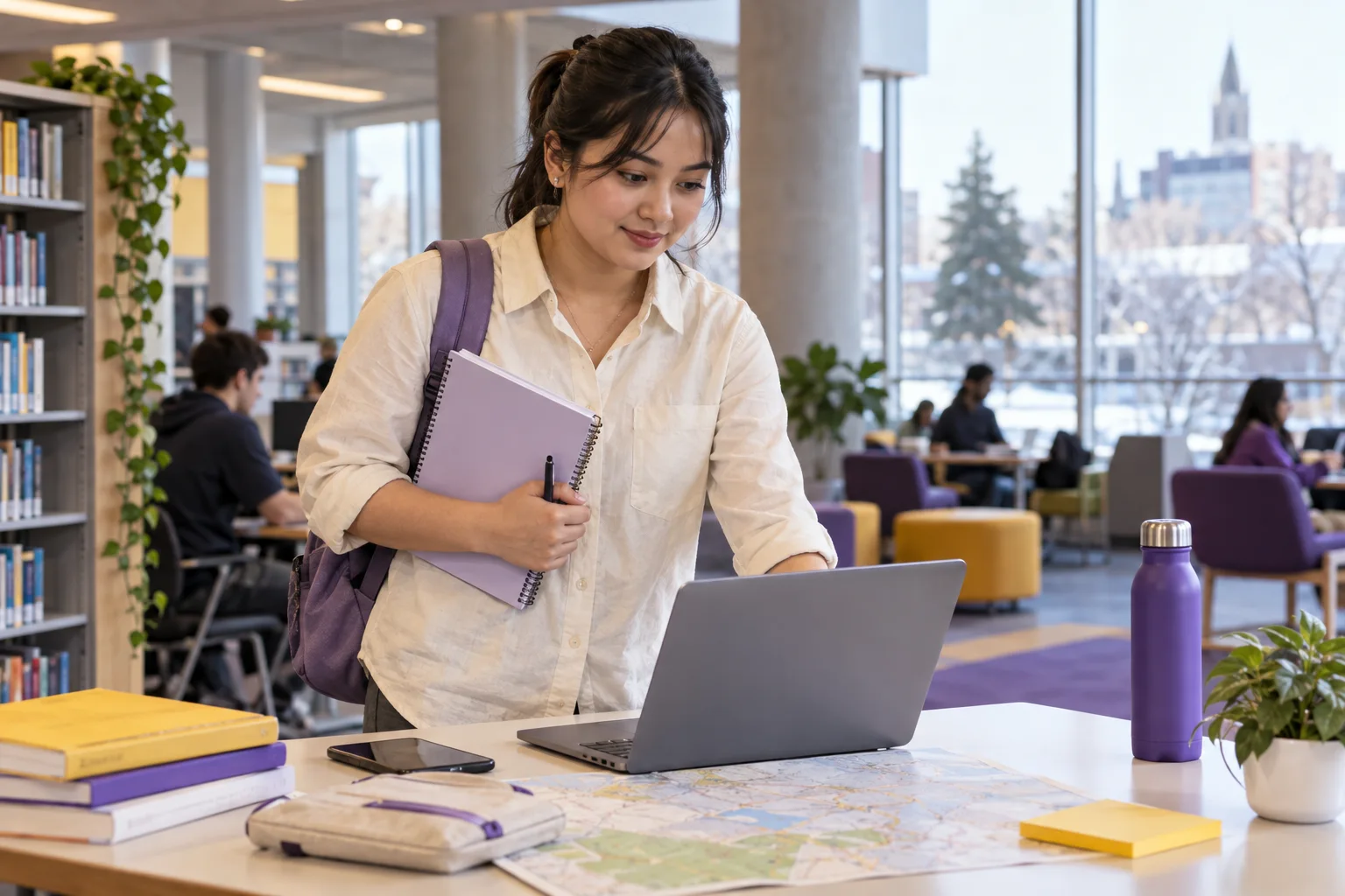 Young Nepali woman with tied-back hair planning student accommodation and everyday campus life with a notebook and laptop in a welcoming Canada study setting for Canada study planning
