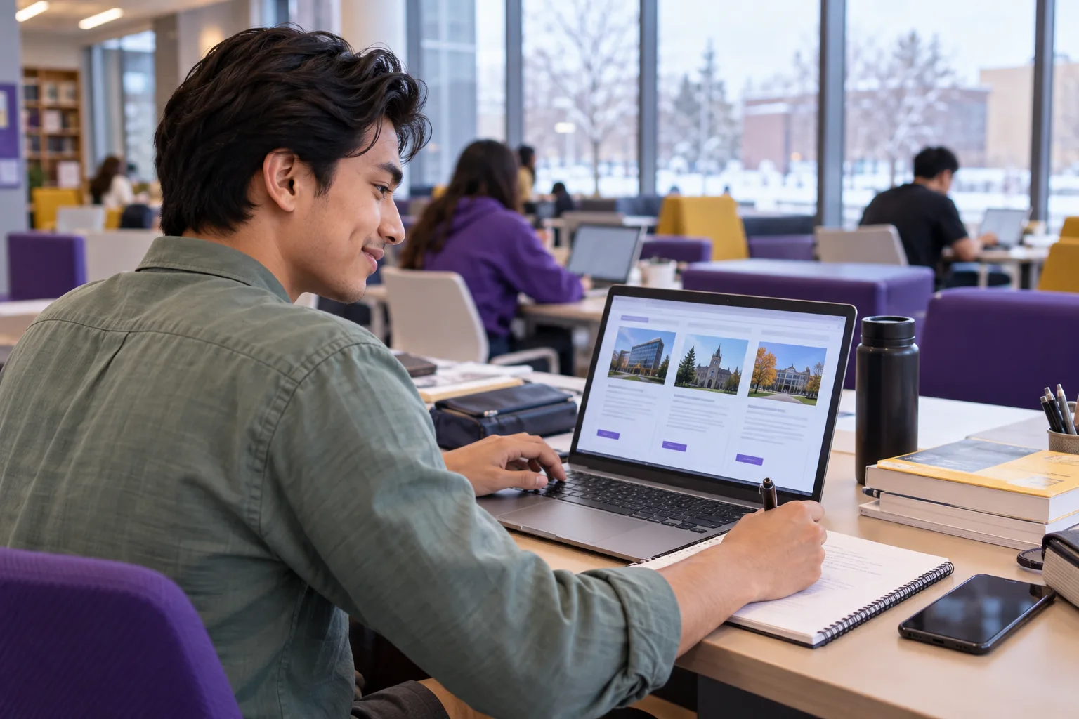 Young Nepali man with swept-back hair comparing Canadian university courses and intake options using a laptop and notebook for Canada study planning