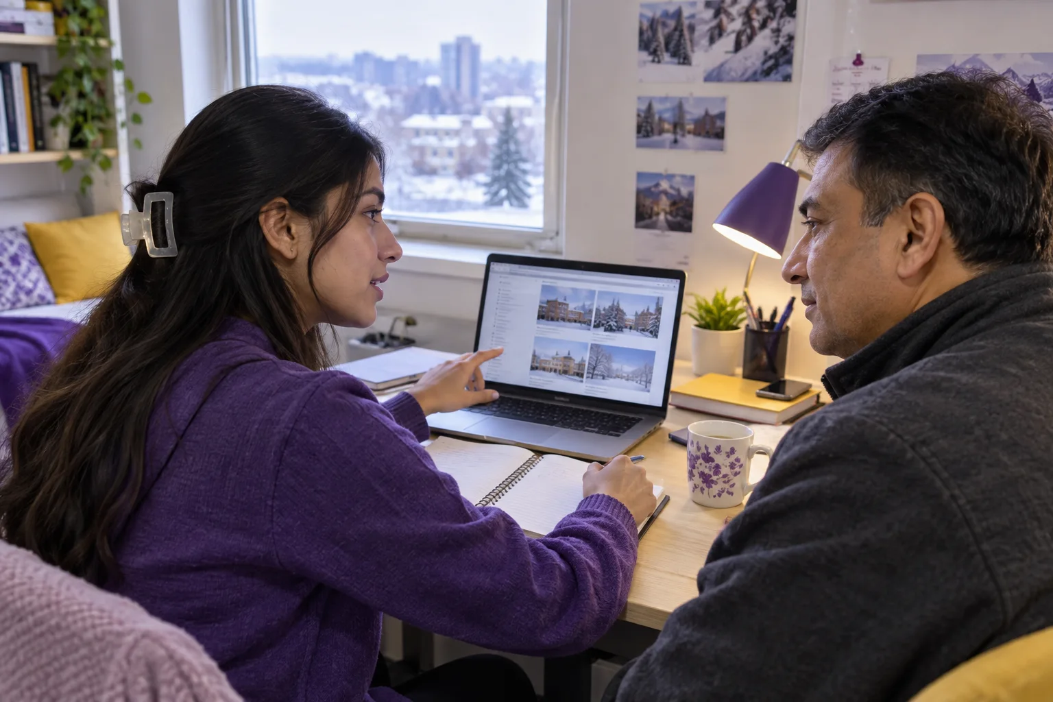 Nepali student discussing plans with a parent comparing Canadian university courses and intake options using a laptop and notebook for Canada study planning