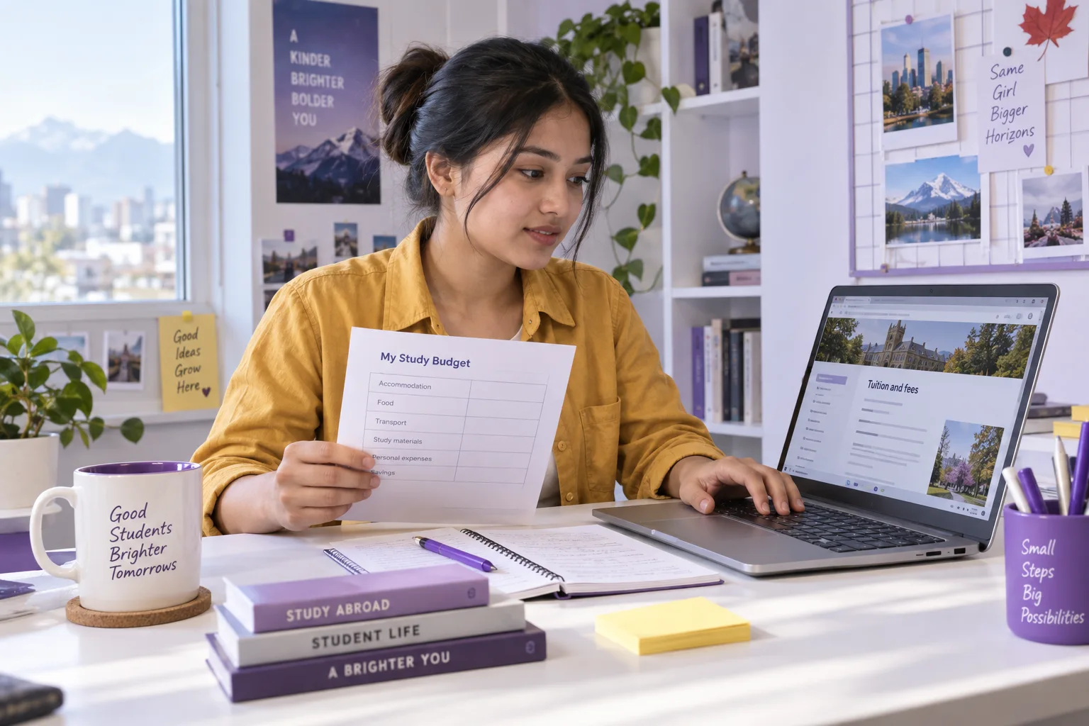 Nepali student comparing a personal study budget worksheet and university tuition information on a laptop
