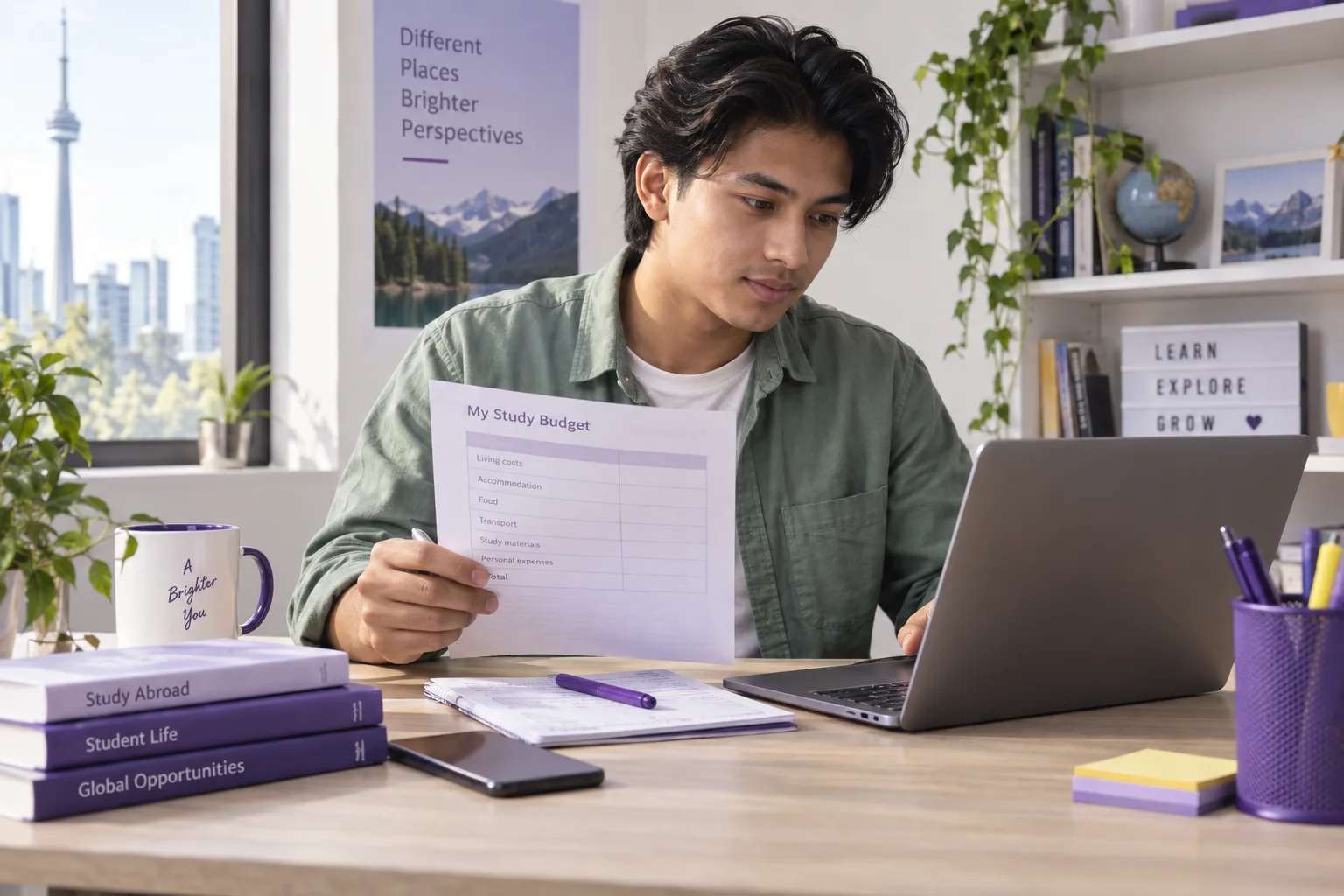 Nepali student comparing a personal study budget worksheet and university tuition information on a laptop