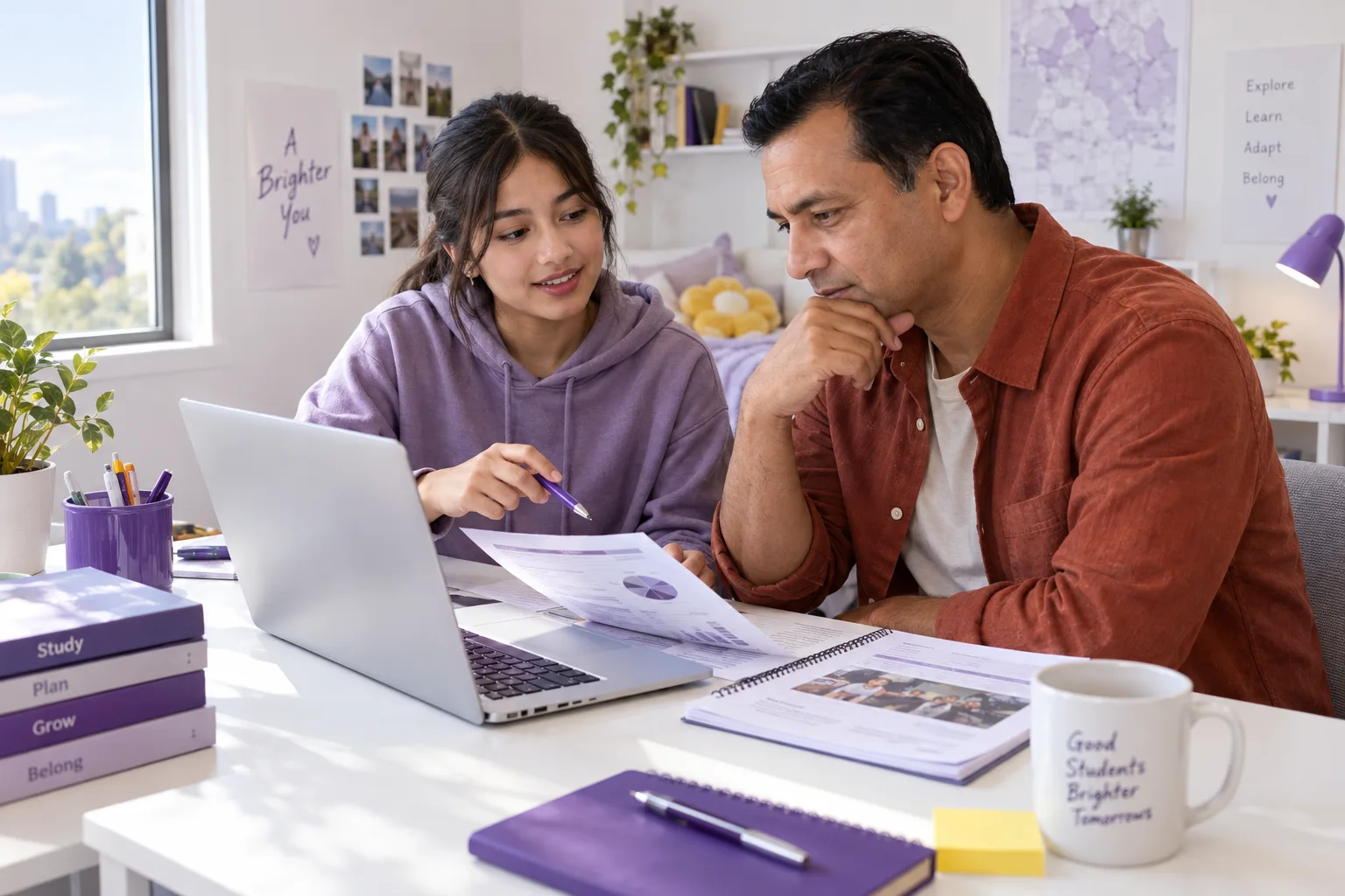 Nepali student comparing a personal study budget worksheet and university tuition information on a laptop