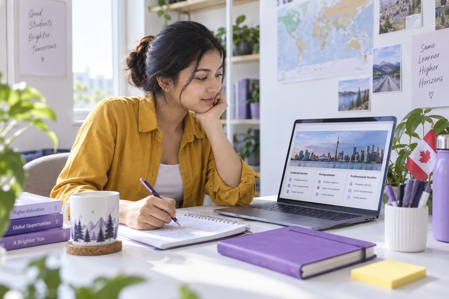 Nepali student comparing Canadian university courses and intake options using a laptop and notebook