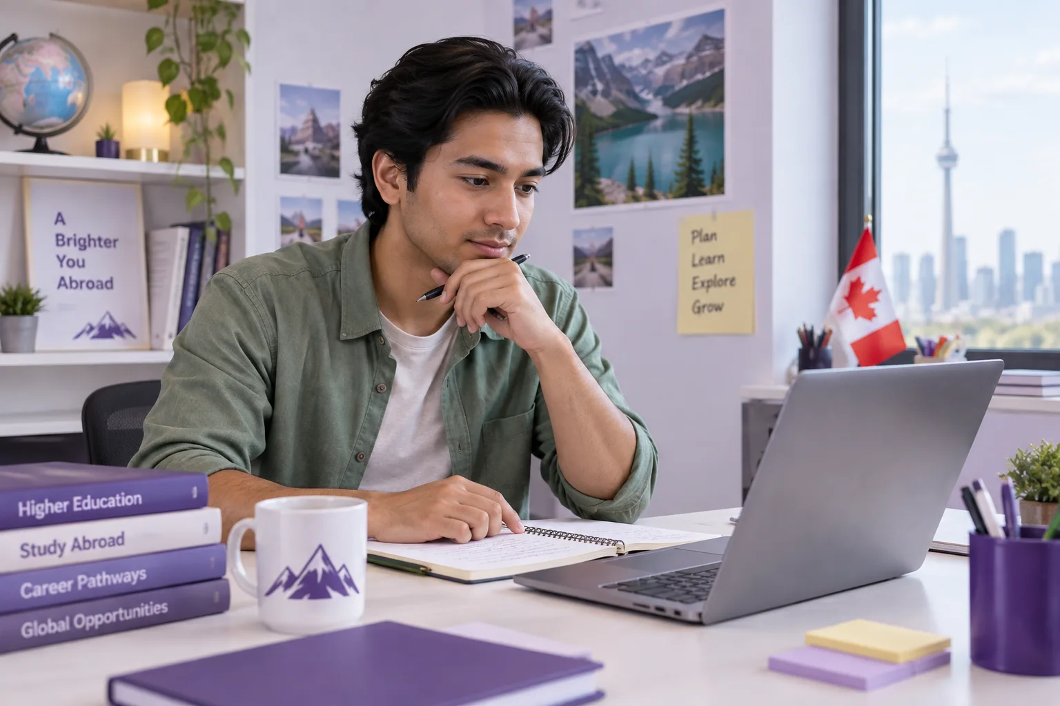 Nepali student comparing Canadian university courses and intake options using a laptop and notebook