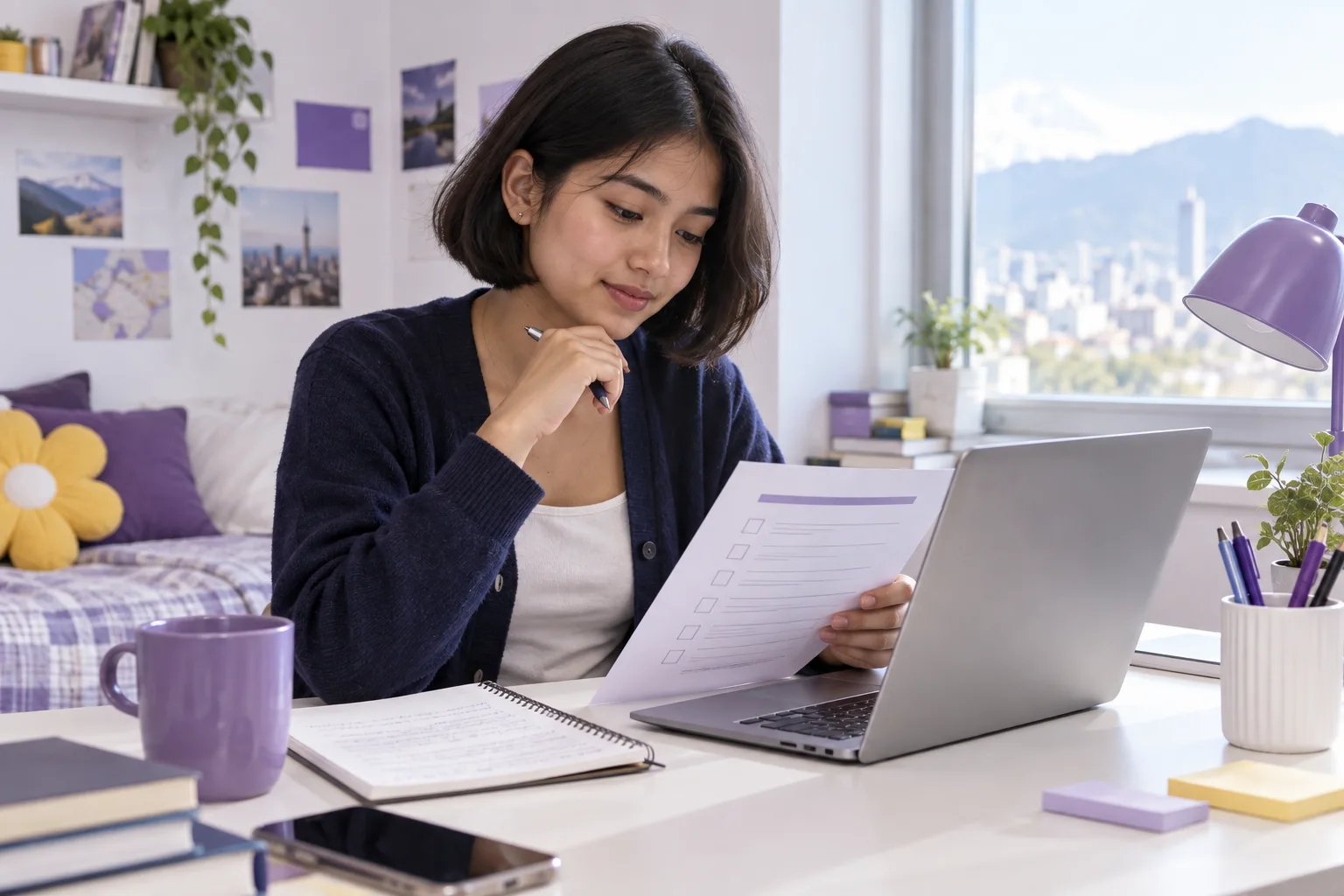 Nepali student reviewing an unbranded study application document checklist with a laptop