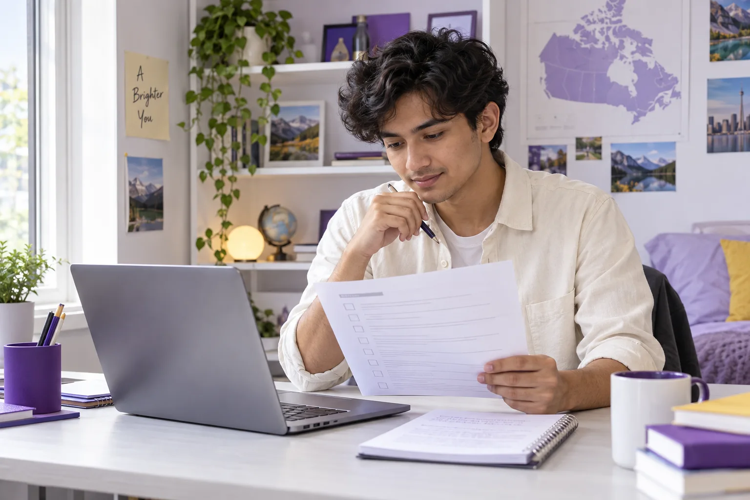 Nepali student reviewing an unbranded study application document checklist with a laptop