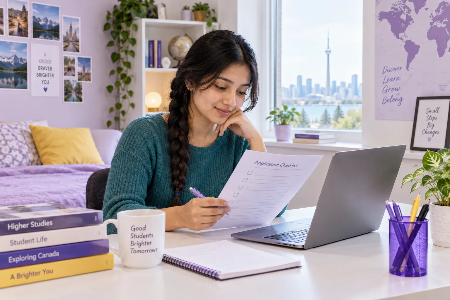 Nepali student reviewing an unbranded study application document checklist with a laptop