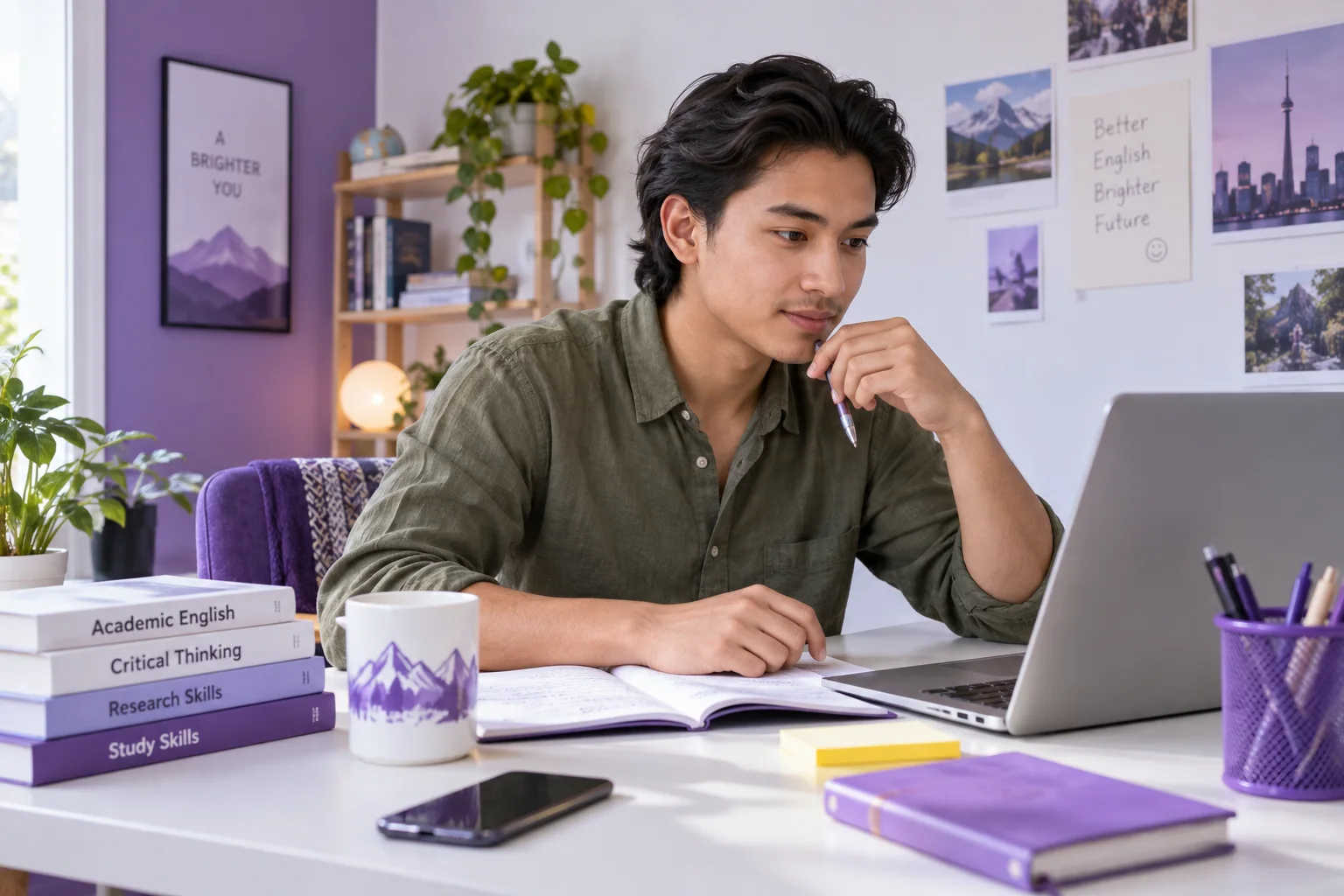 Nepali student practising English writing or reading on a laptop beside study books, as preparation for Canadian university study
