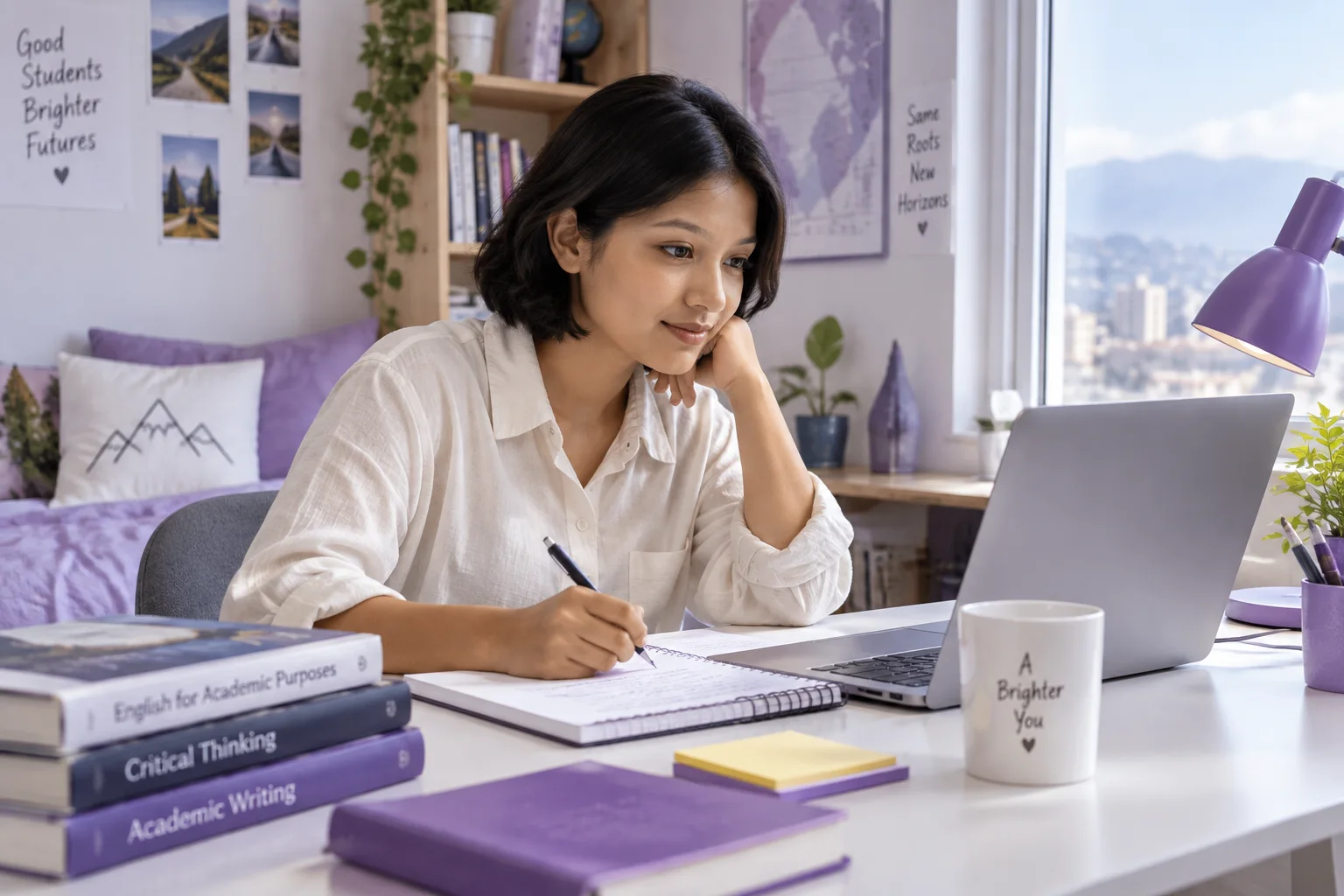 Nepali student practising English writing or reading on a laptop beside study books, as preparation for Canadian university study
