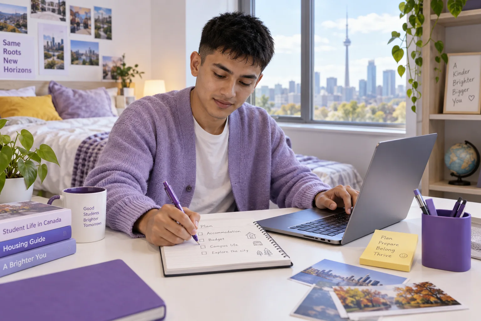 Nepali student planning student accommodation and everyday campus life with a notebook and laptop in a welcoming Canada study setting