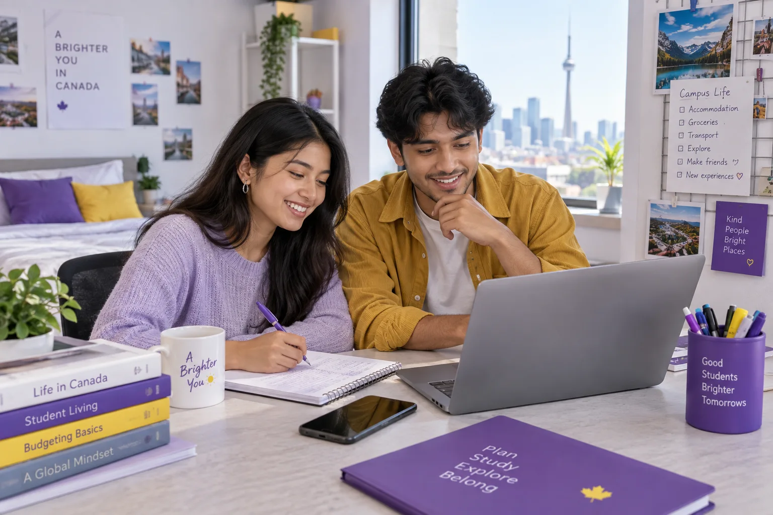 Nepali student planning student accommodation and everyday campus life with a notebook and laptop in a welcoming Canada study setting