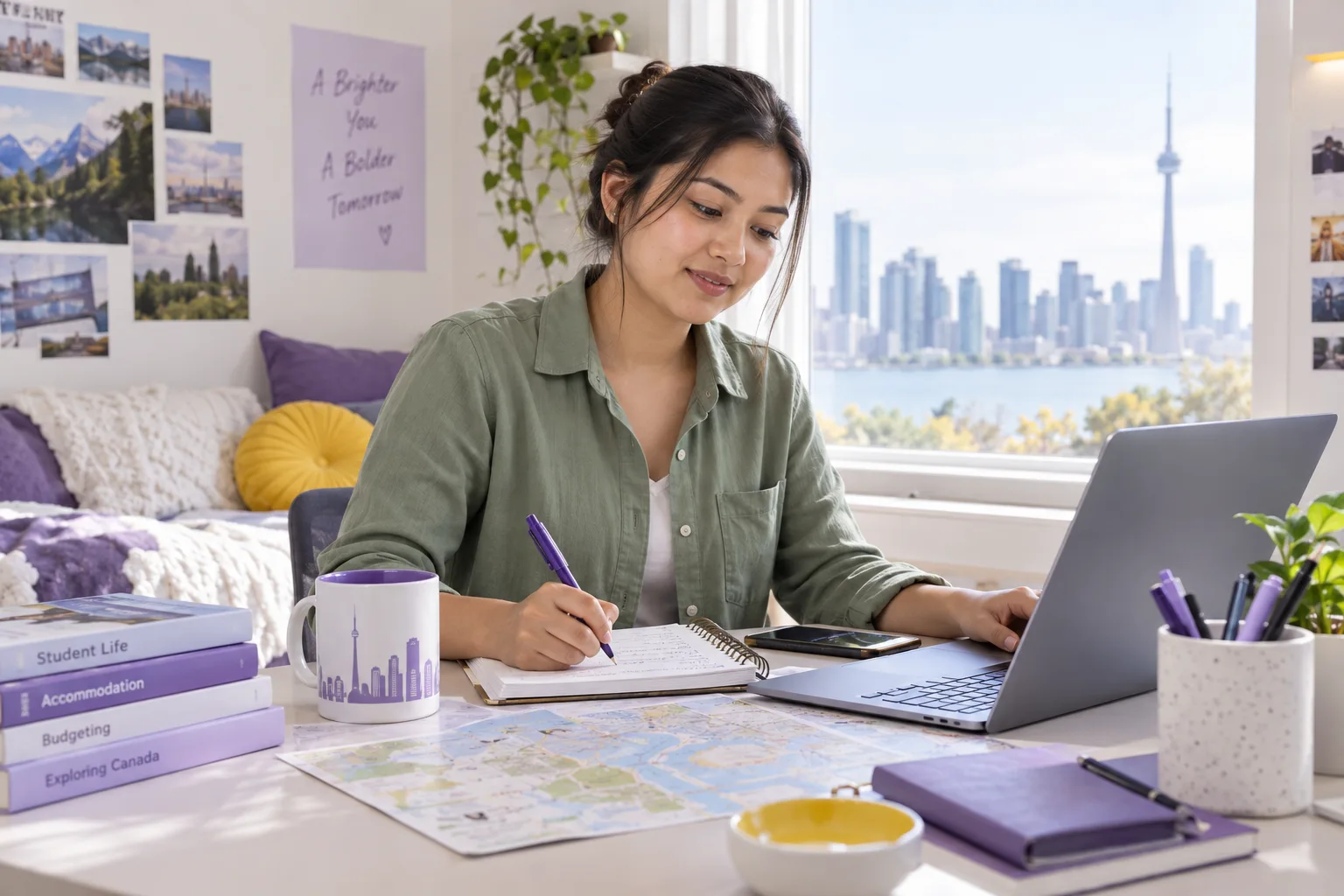 Nepali student planning student accommodation and everyday campus life with a notebook and laptop in a welcoming Canada study setting