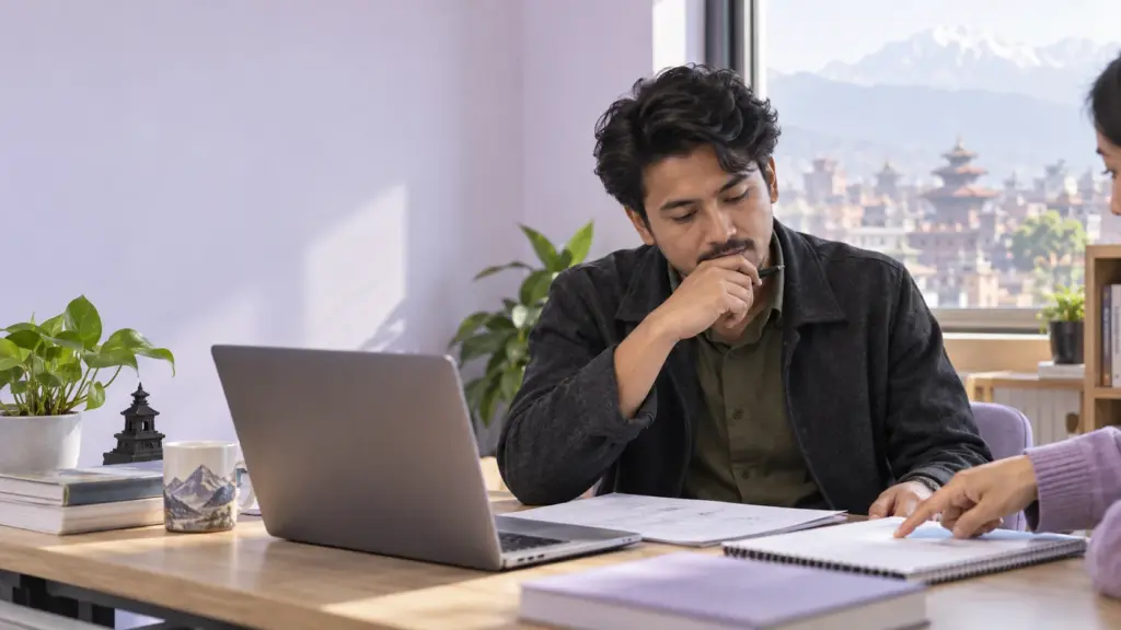 Nepali student comparing a GMAT study plan with tutor guidance in Kathmandu