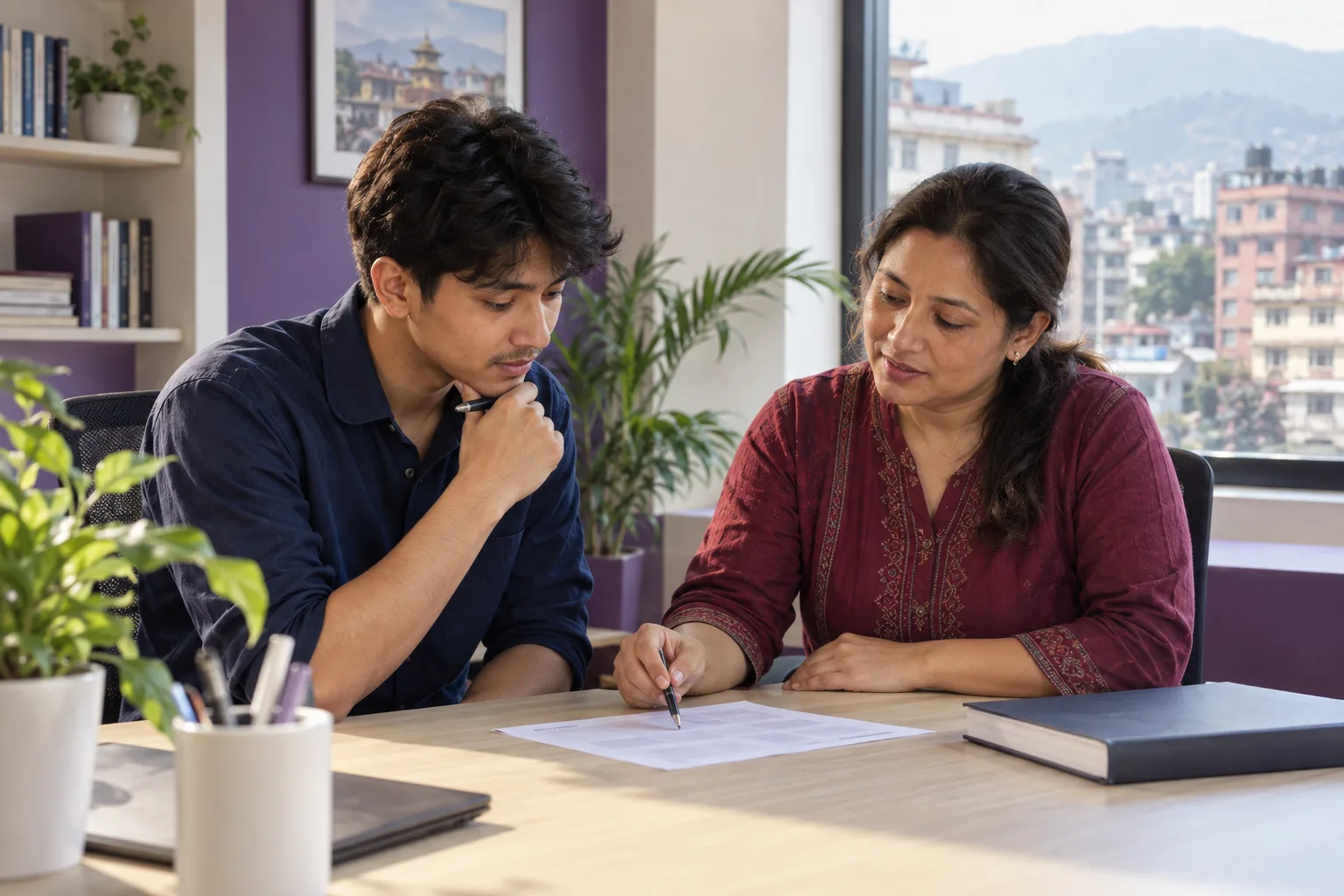 Nepali GMAT student and teacher reviewing study options at a Putalisadak learning centre