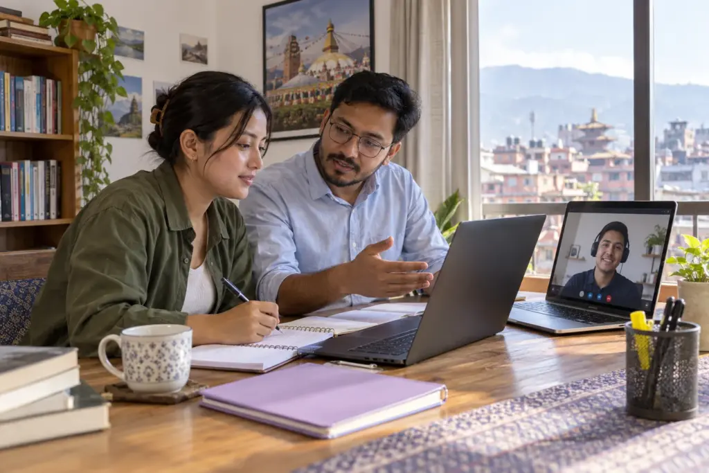 Nepali student and tutor joining a remote learner for a hybrid GMAT lesson in Kathmandu