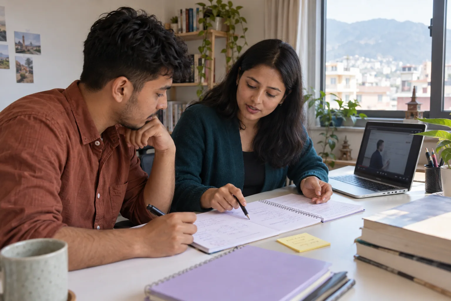 Nepali GMAT learner and tutor reviewing practice notes beside a recorded lesson on a laptop