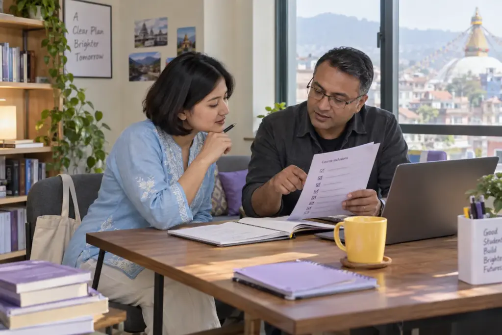 Nepali student and counsellor comparing GMAT course inclusions in Kathmandu