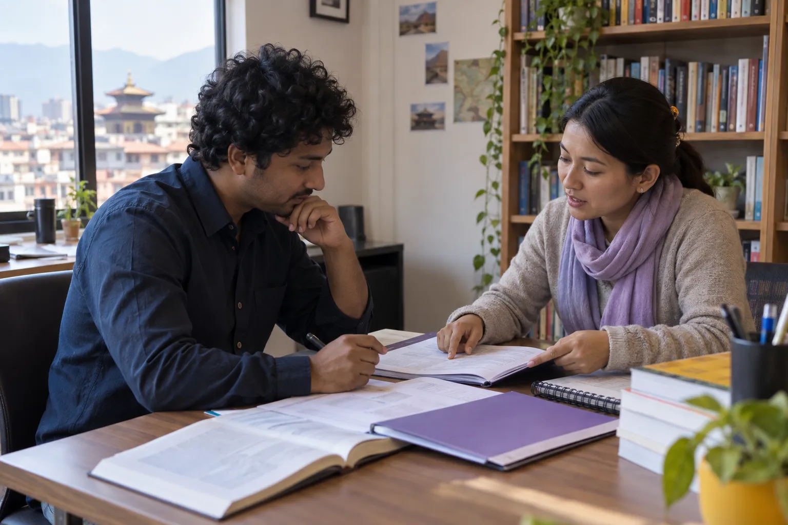 GMAT learner and tutor reviewing a course plan and study materials in Kathmandu