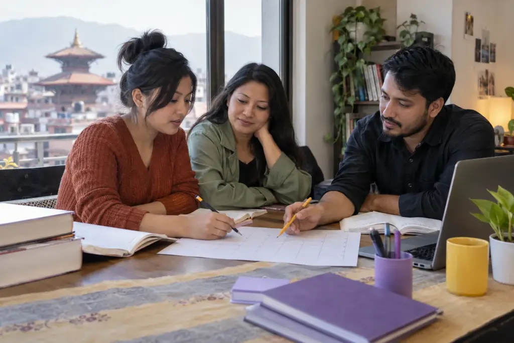 Nepali learners and mentor planning a GMAT study schedule together in Kathmandu