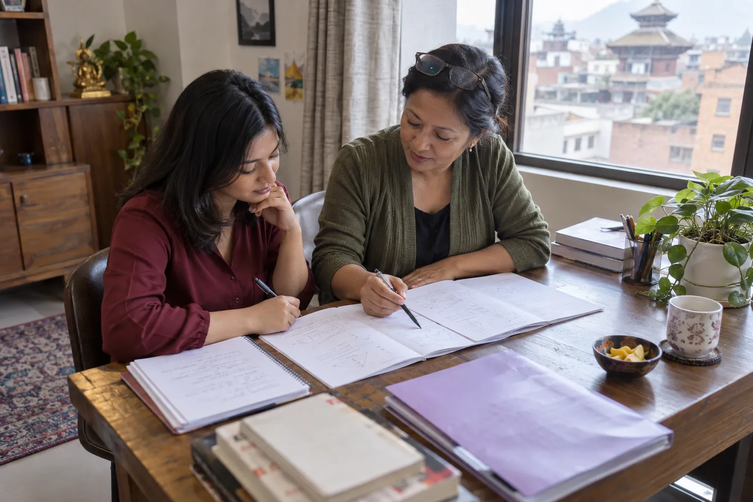 Nepali GMAT learner and tutor discussing a practice set at a study table