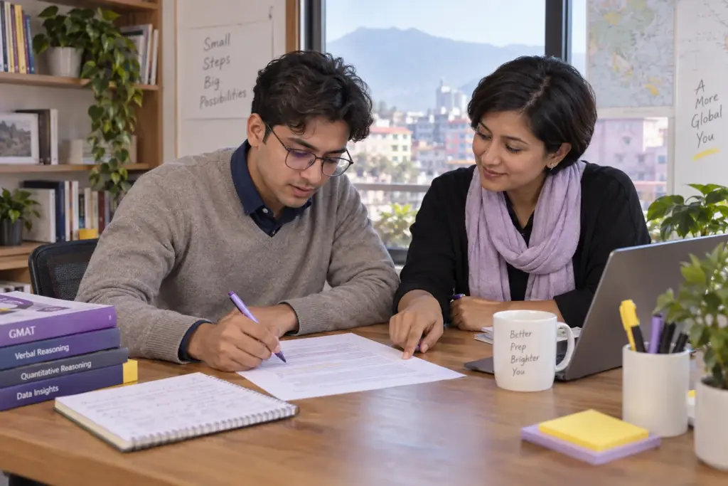 GMAT learner with glasses and tutor reviewing a reading passage at a study table