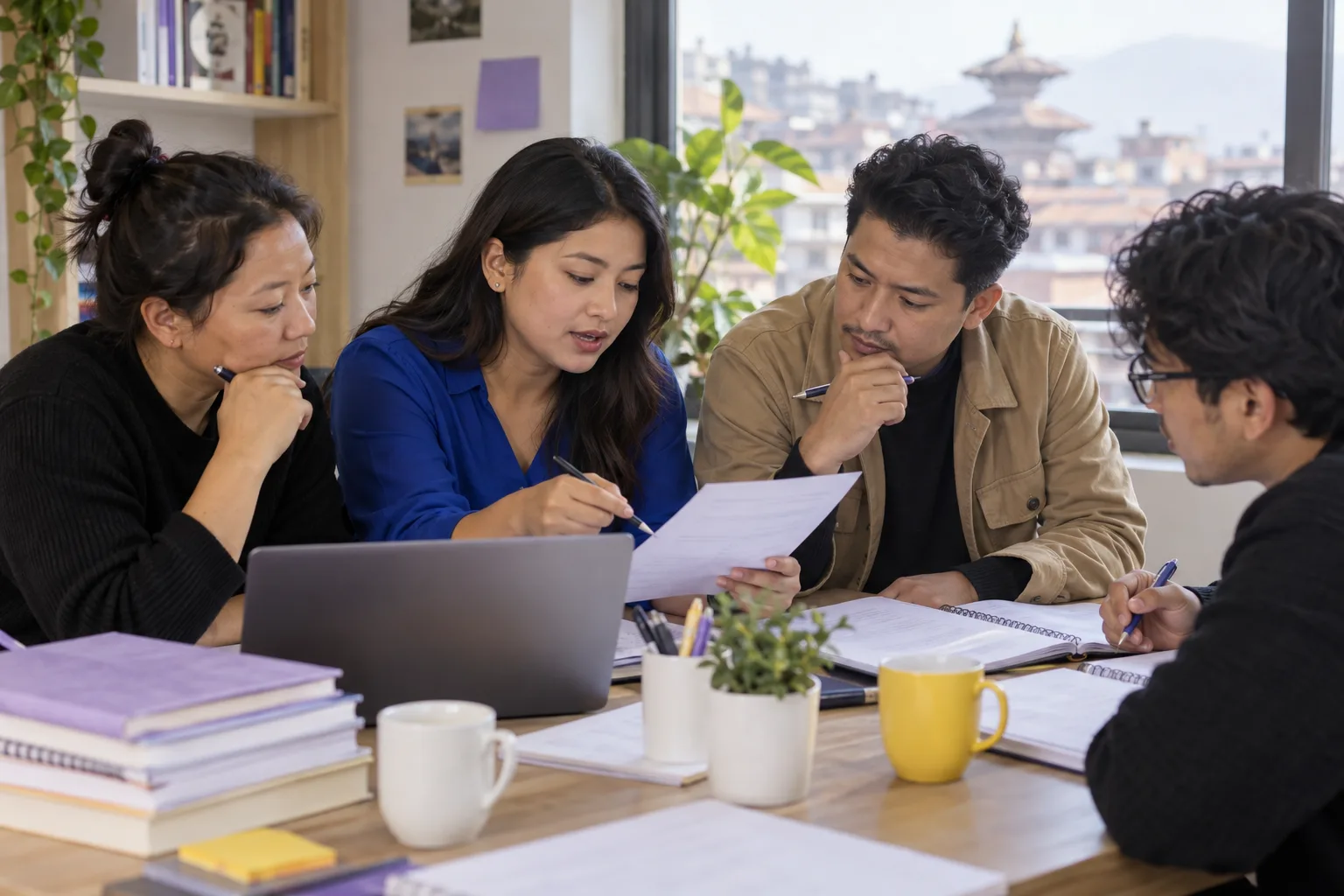 Nepali learners comparing GMAT practice notes together at a study table