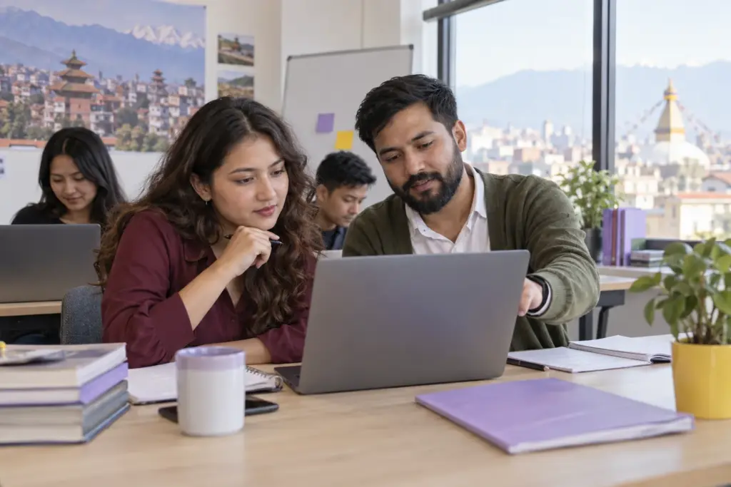 Nepali GMAT student and tutor reviewing work on a laptop in a Kathmandu study space