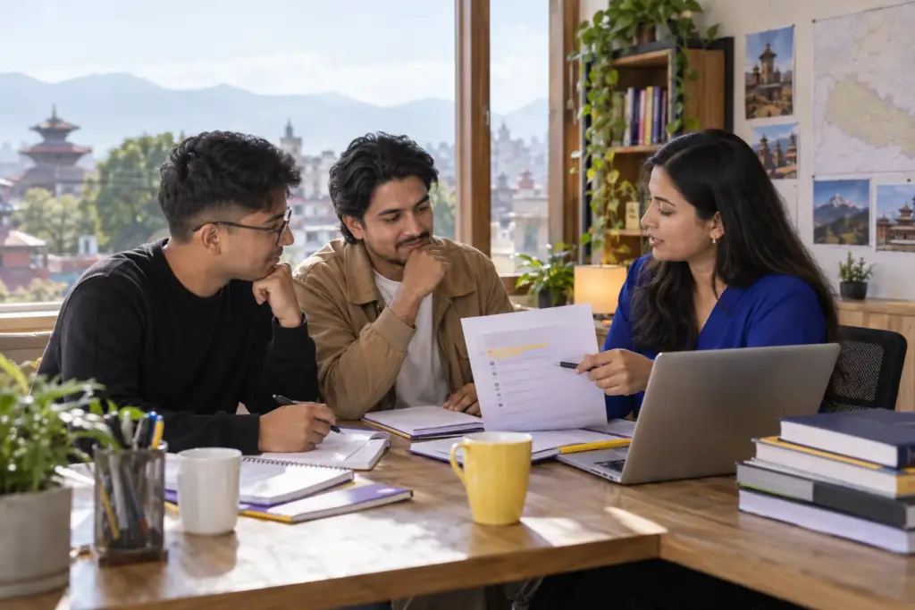 Two Nepali GMAT learners reviewing a printed planning sheet with an education counsellor
