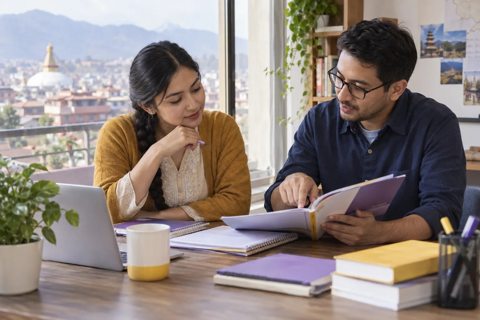 Nepali GMAT learner reviewing preparation materials with a mentor in Kathmandu