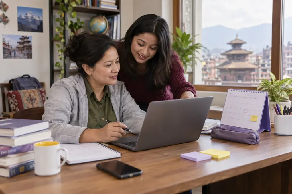 Nepali GMAT learner and tutor planning an exam date beside a calendar and laptop