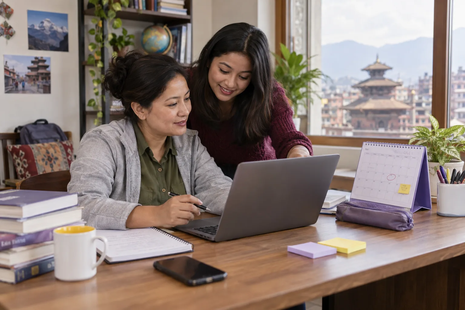 Nepali GMAT learner and tutor planning an exam date beside a calendar and laptop