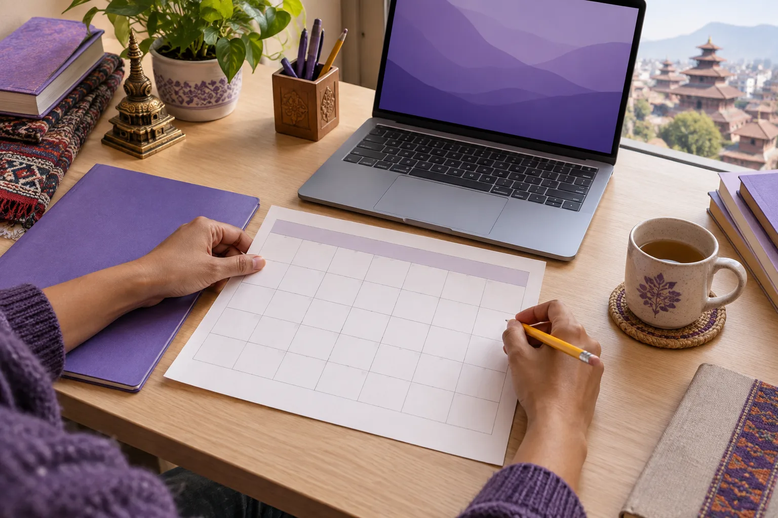 GMAT candidate planning an exam date on a blank calendar beside a laptop and violet study materials