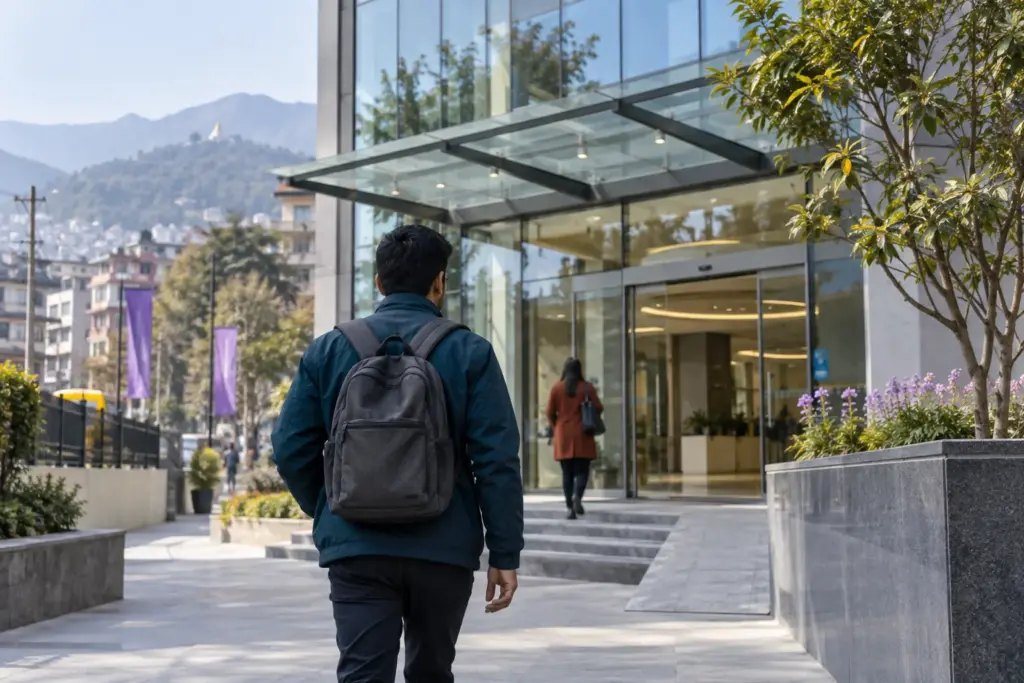 Student with backpack approaching a modern building while planning a GMAT test centre visit in Kathmandu