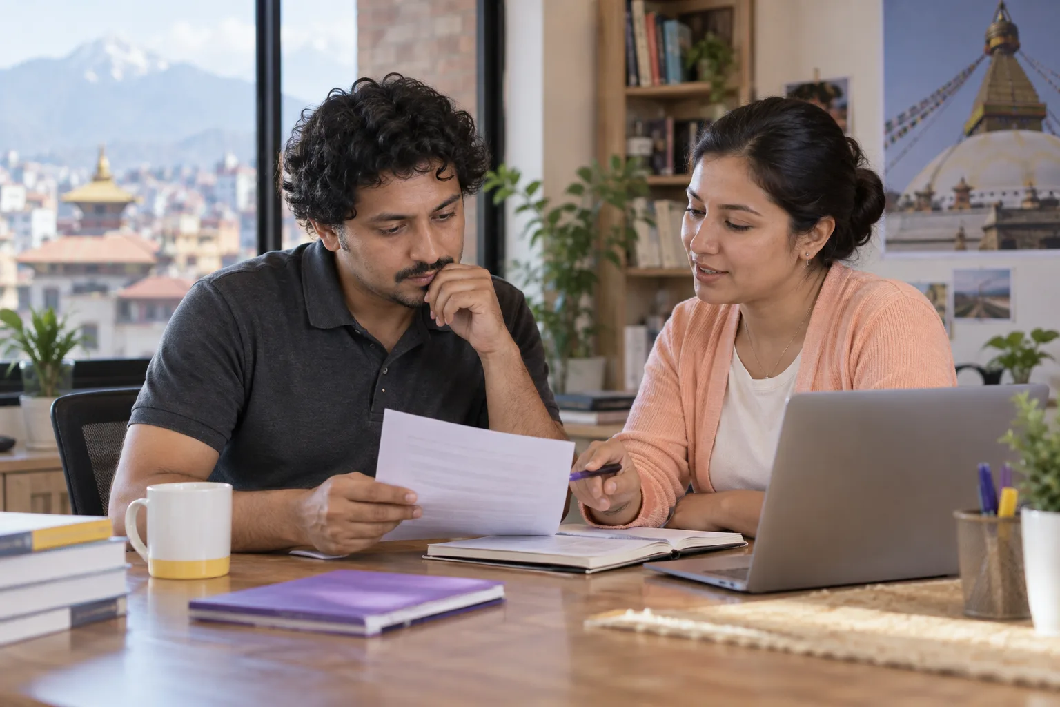 Nepali GMAT learner reviewing planning notes with a tutor at a Kathmandu study table
