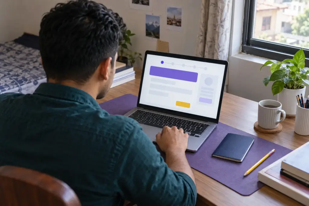Nepali GMAT candidate using a laptop at home to plan exam registration