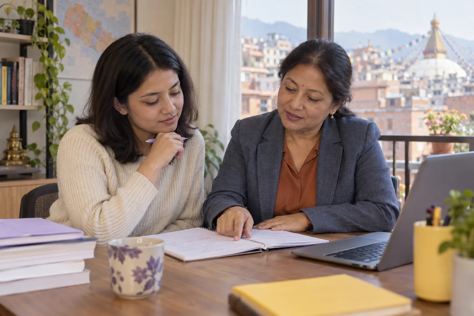Nepali learner and adviser reviewing study notes together at a Kathmandu desk