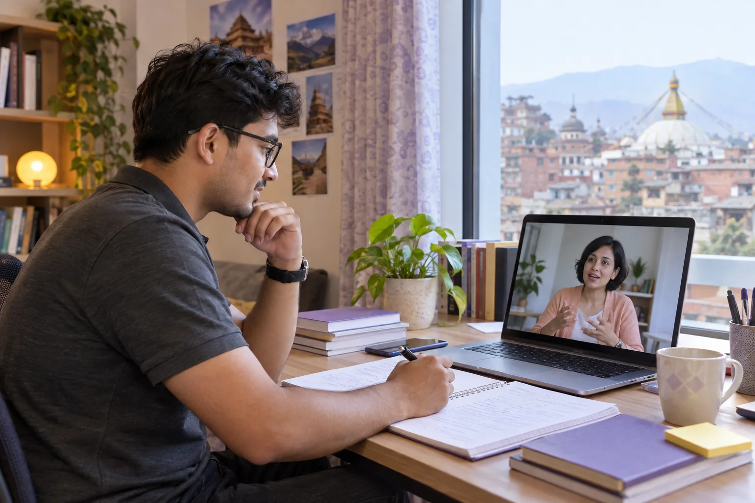 Nepali GMAT candidate taking notes during an online guidance call at home
