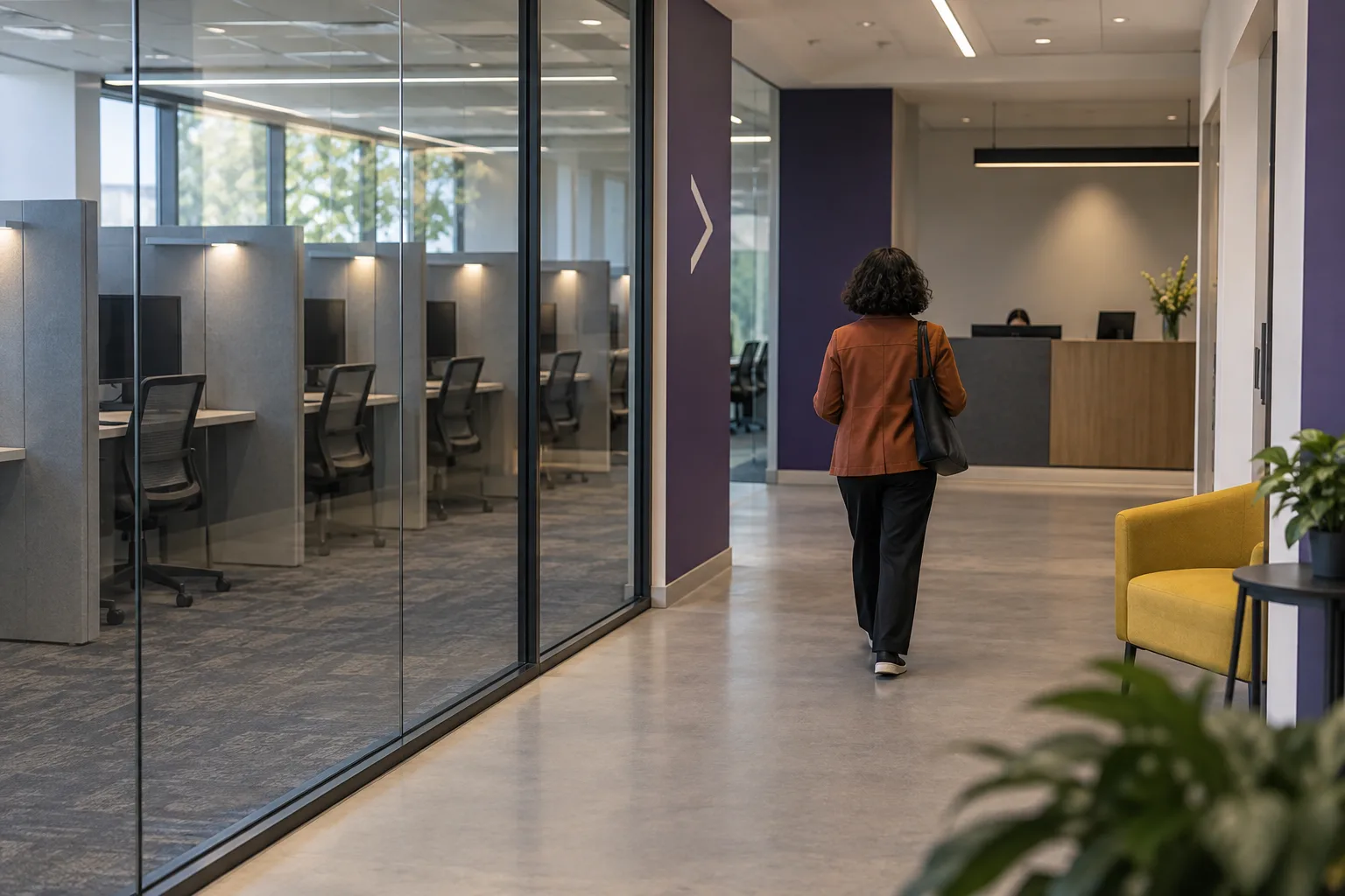Candidate walking toward a computer testing area with private workstations