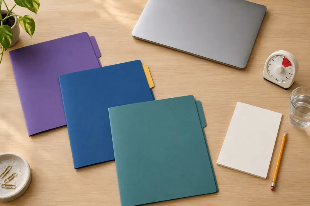 Three coloured study folders beside a laptop and timer for planning the GMAT exam format