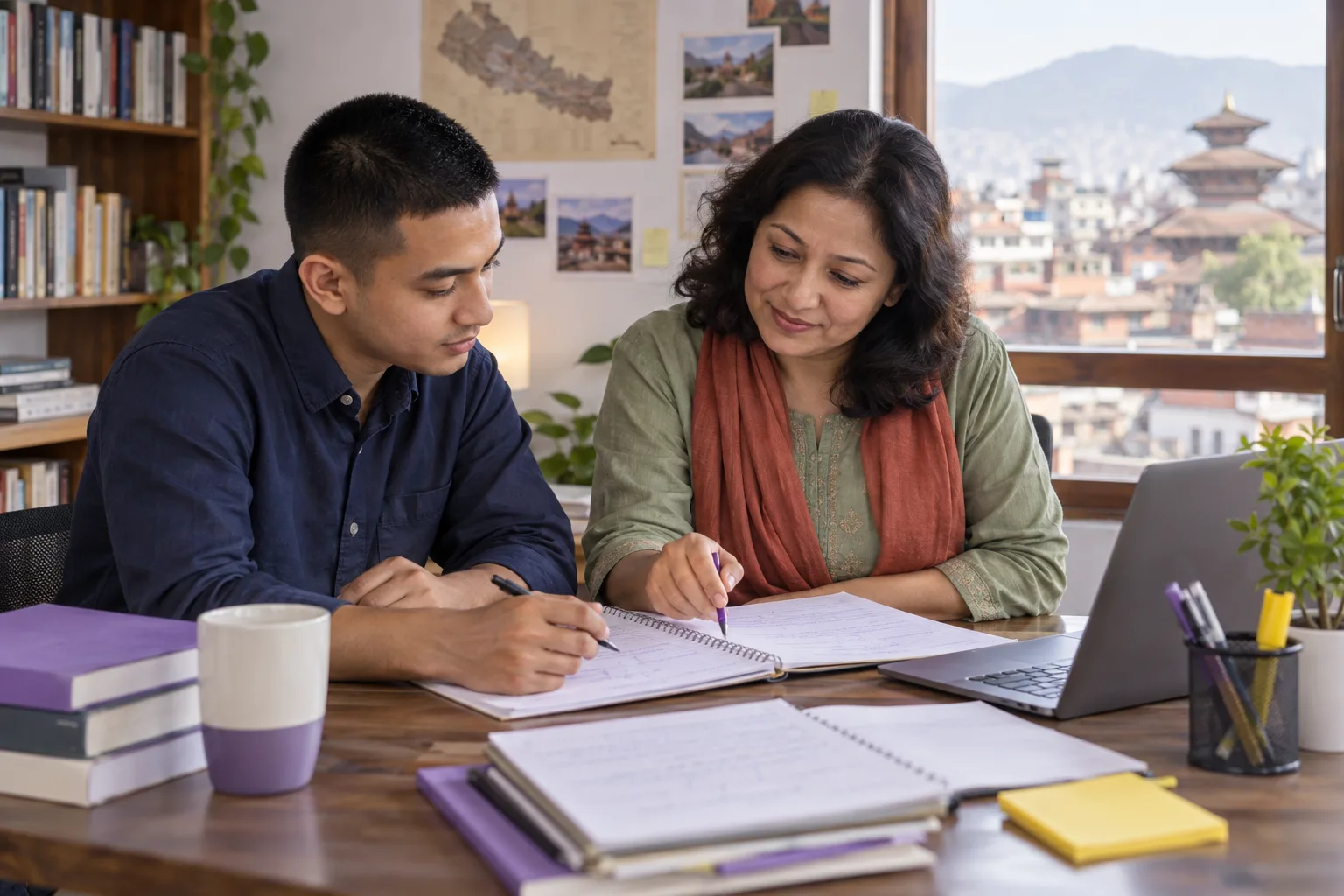 Nepali learner reviewing GMAT study notes with a mentor beside a laptop